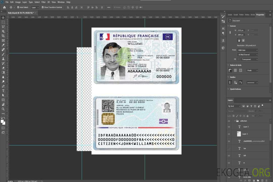 Modèle de carte d'identité nationale française au format PSD, entièrement modifiable (mars 2021 – présent) template